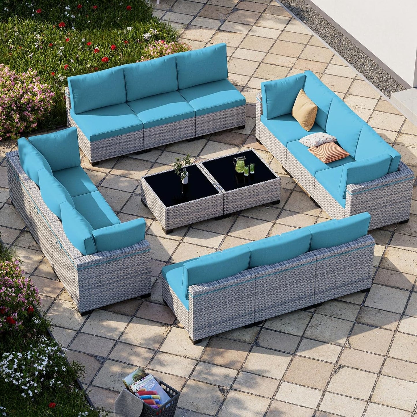 14-Piece Outdoor Sectional Patio Furniture Set with Thick Cushions