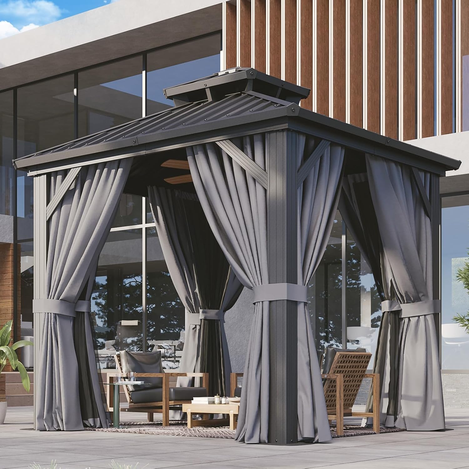 Aoxun 8ftx8ft Hardtop Gazebo with Double Galvanized Steel Roof