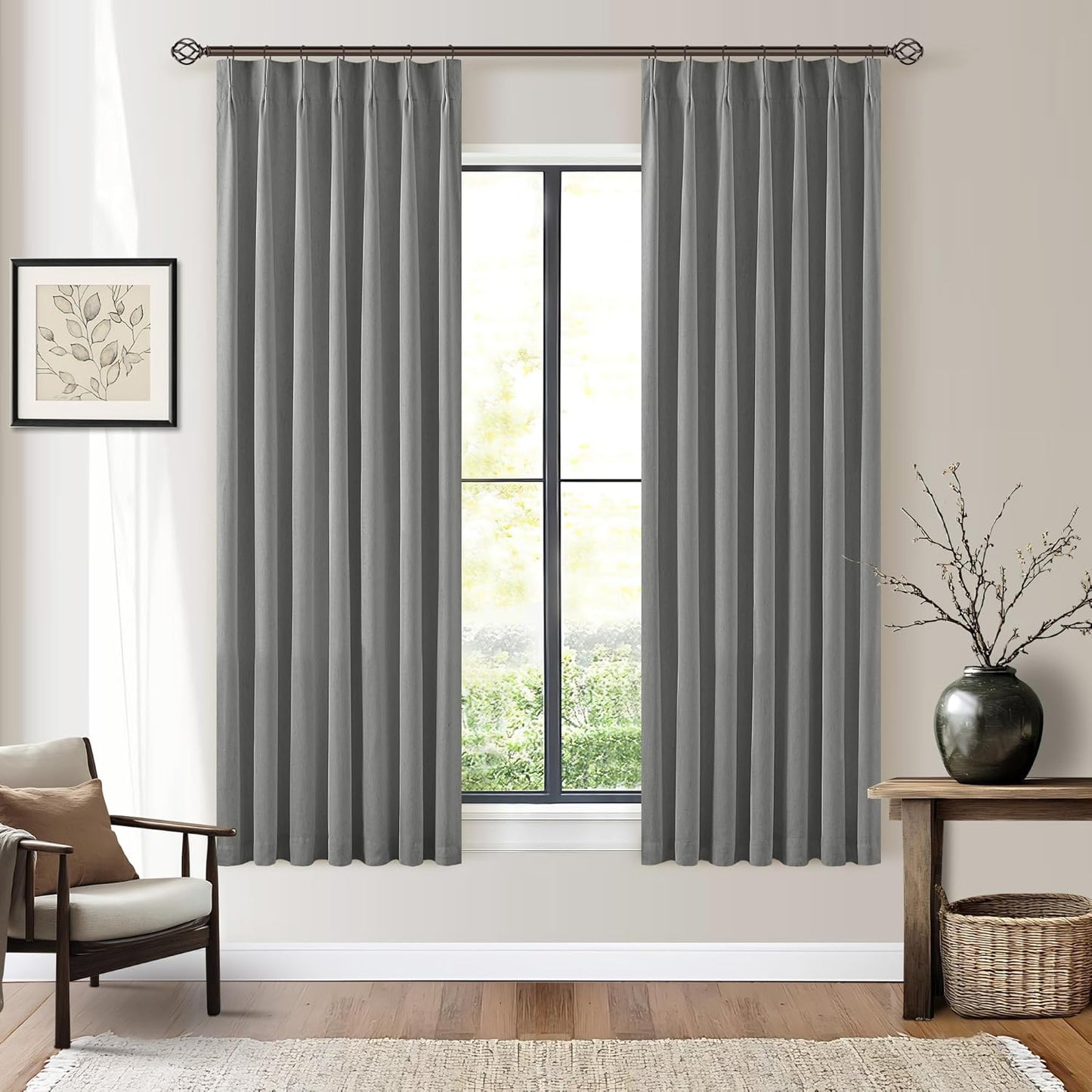 Grey Pinch Pleated Black Out Curtains for Living Room and Bedroom