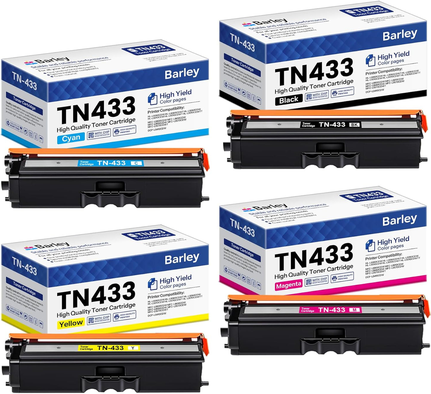 High Yield TN433 Toner Cartridge 4-Pack for Brother Printers