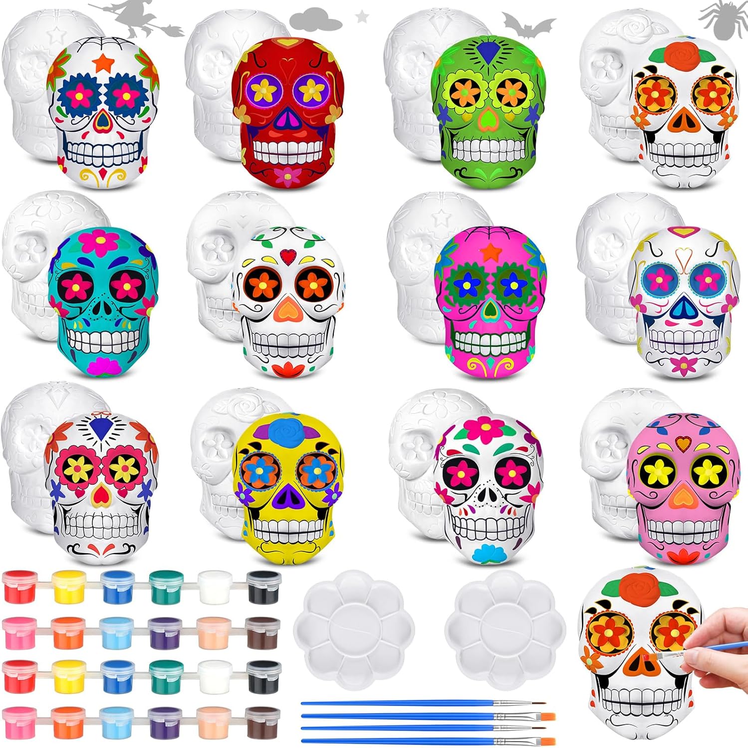 CroBlissful 12 Sets Halloween Skull Ceramic Painting Kit for Fun