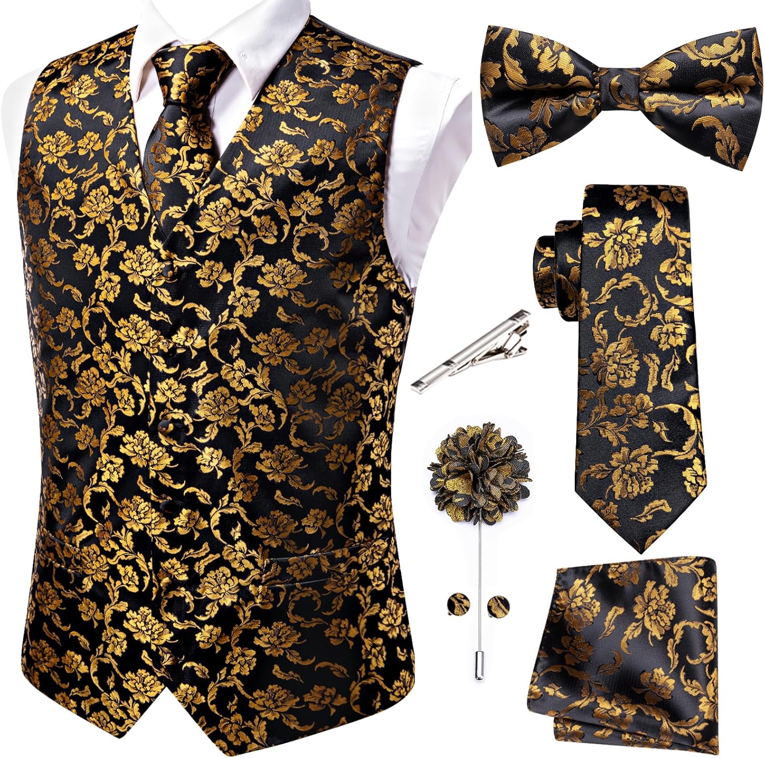 Hi-Tie Men's Silk Vest Bowtie Set for Formal Occasions