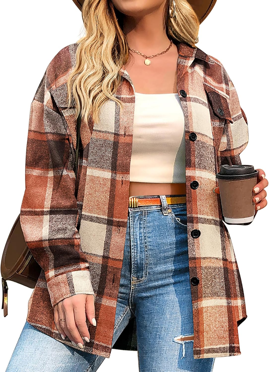IN'VOLAND Womens Plus Size Flannel Plaid Shacket Jacket for Fall