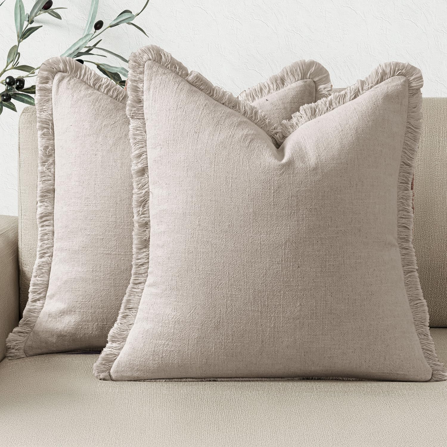 Boho Farmhouse Decorative Linen Fringe Throw Pillow Covers Set