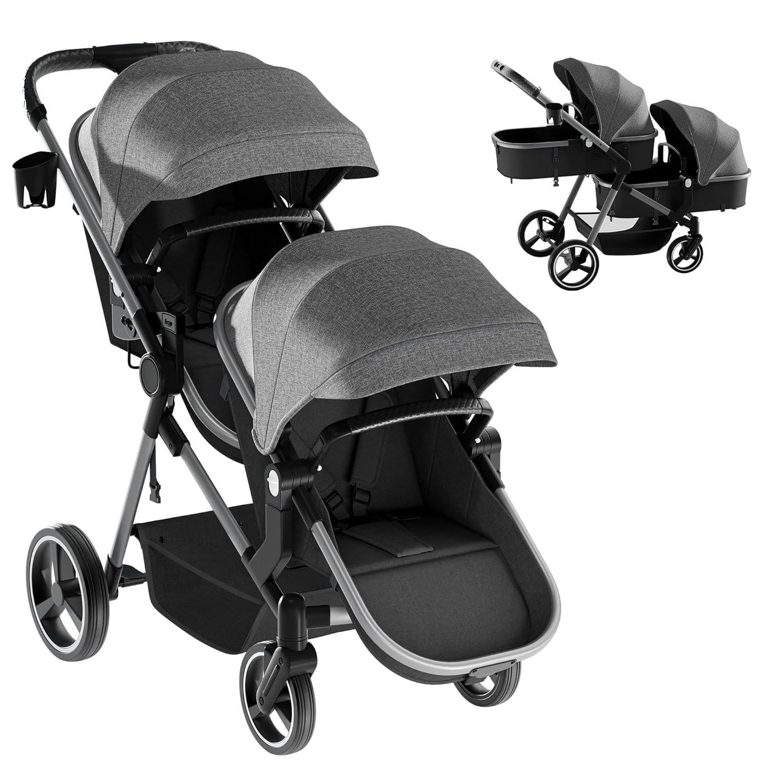 MU Double Stroller with Adjustable Backrest and Reversible Seat