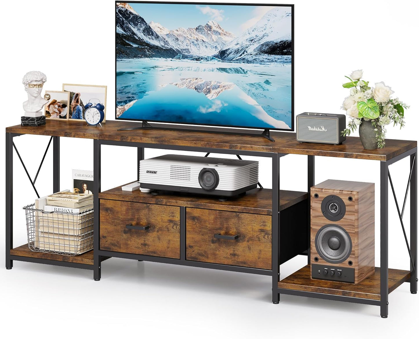 Rustic Brown TV Stand - Fits 75 TVs w/ Fabric Drawers