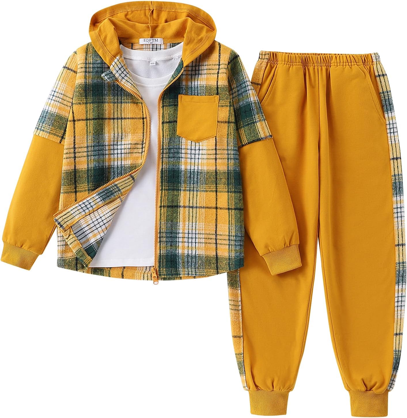 2Pcs Girls Clothes Zip Up Plaid Flannel Hoodie and Joggers