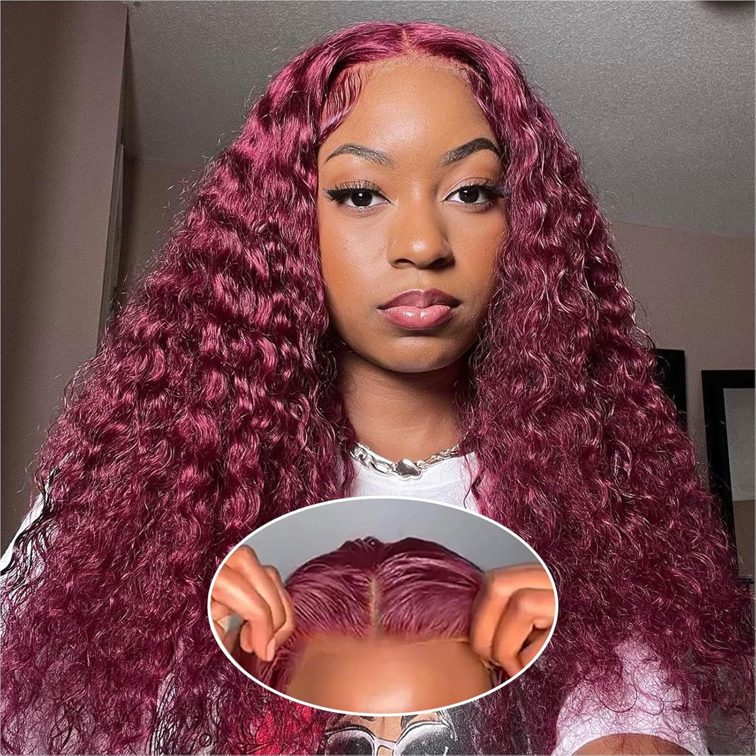 Curly Bob Wig Human Hair by Ailwelia - Burgundy 18 Inch