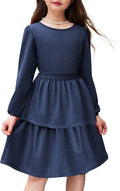 Girls Sparkly Glitter Puff Sleeve Fall Dress with Belt - Party Ready