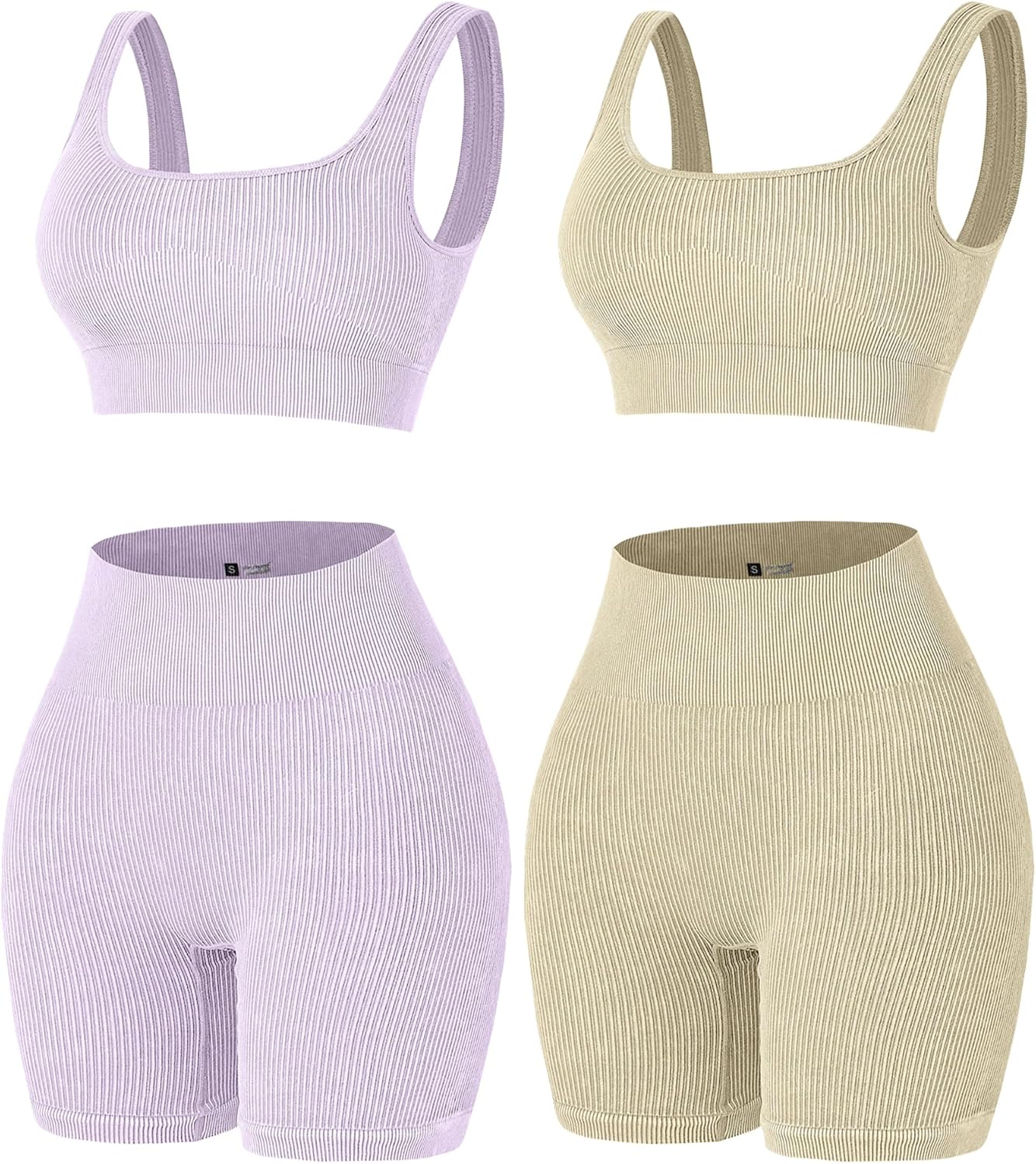 4 Piece Workout Sets for Women Seamless Ribbed High Waist Yoga