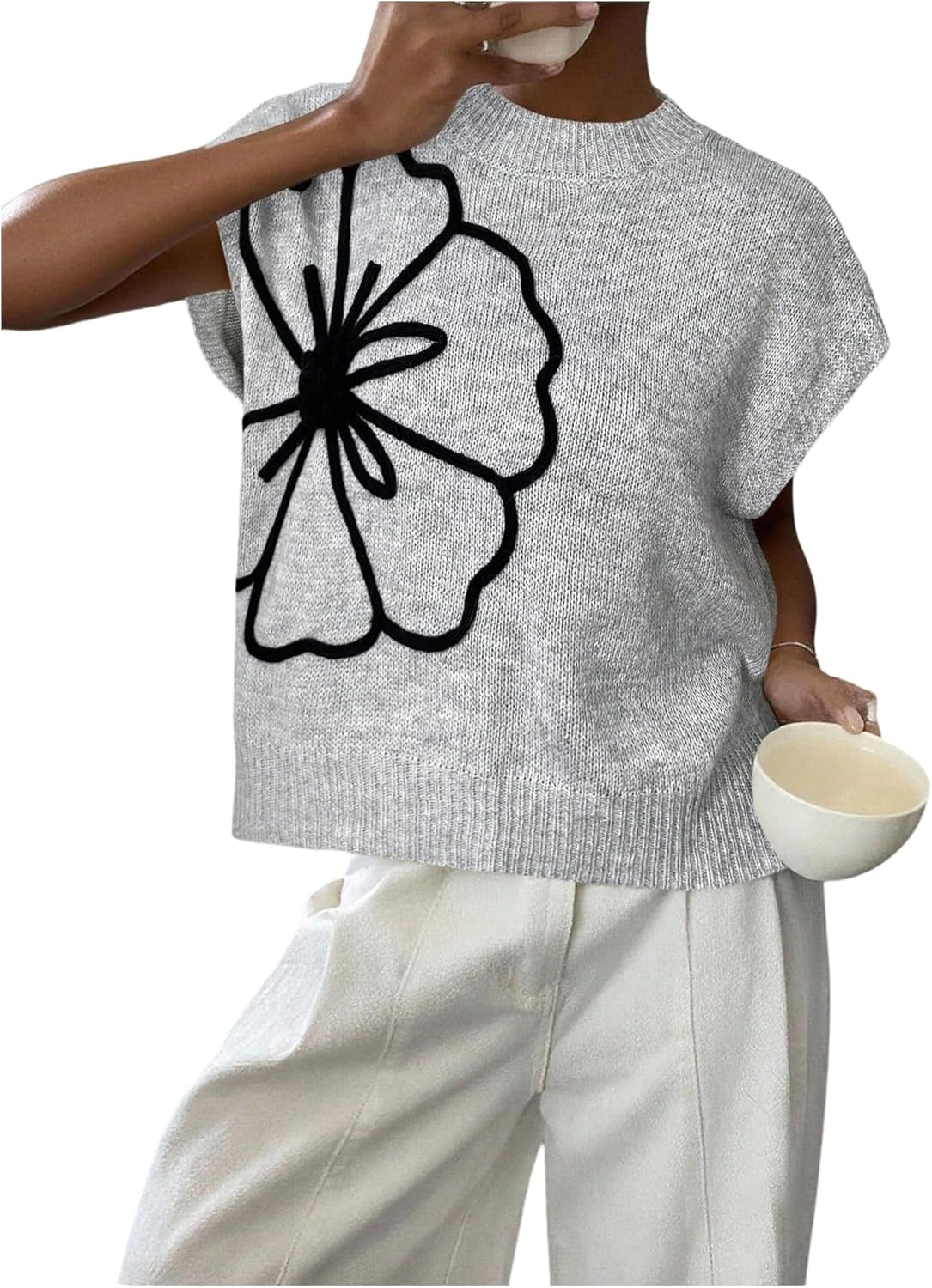 SOLY HUX Women's Ribbed Sweater with Floral Knit Design