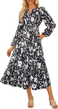 Women Floral Maxi Dress with Pockets - Boho V-Neck Long Sleeve