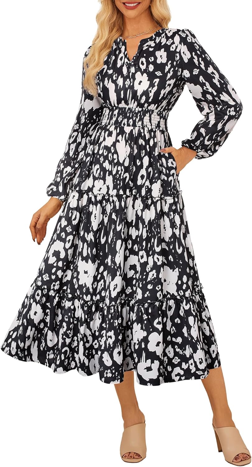 Floral Maxi Dress for Women - Long Sleeve Boho Style with Pockets