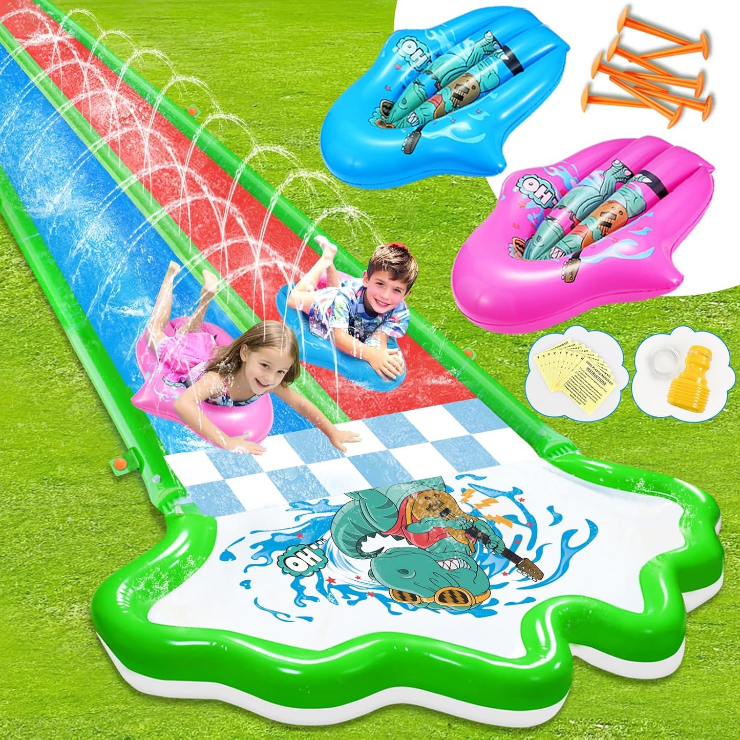 20ft Heavy Duty Double Lawn Water Slide with Bodyboards for Kids