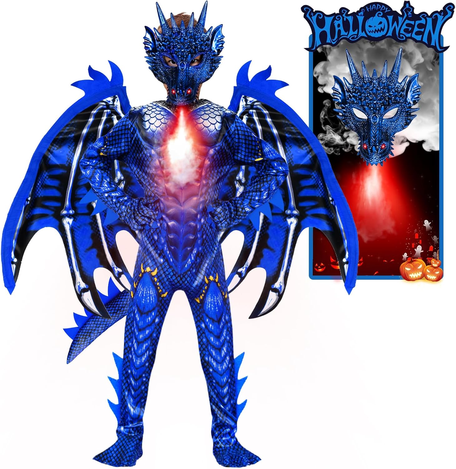 Unique Ice Blue Dragon Costume for Kids - Scary Goblin Jumpsuit
