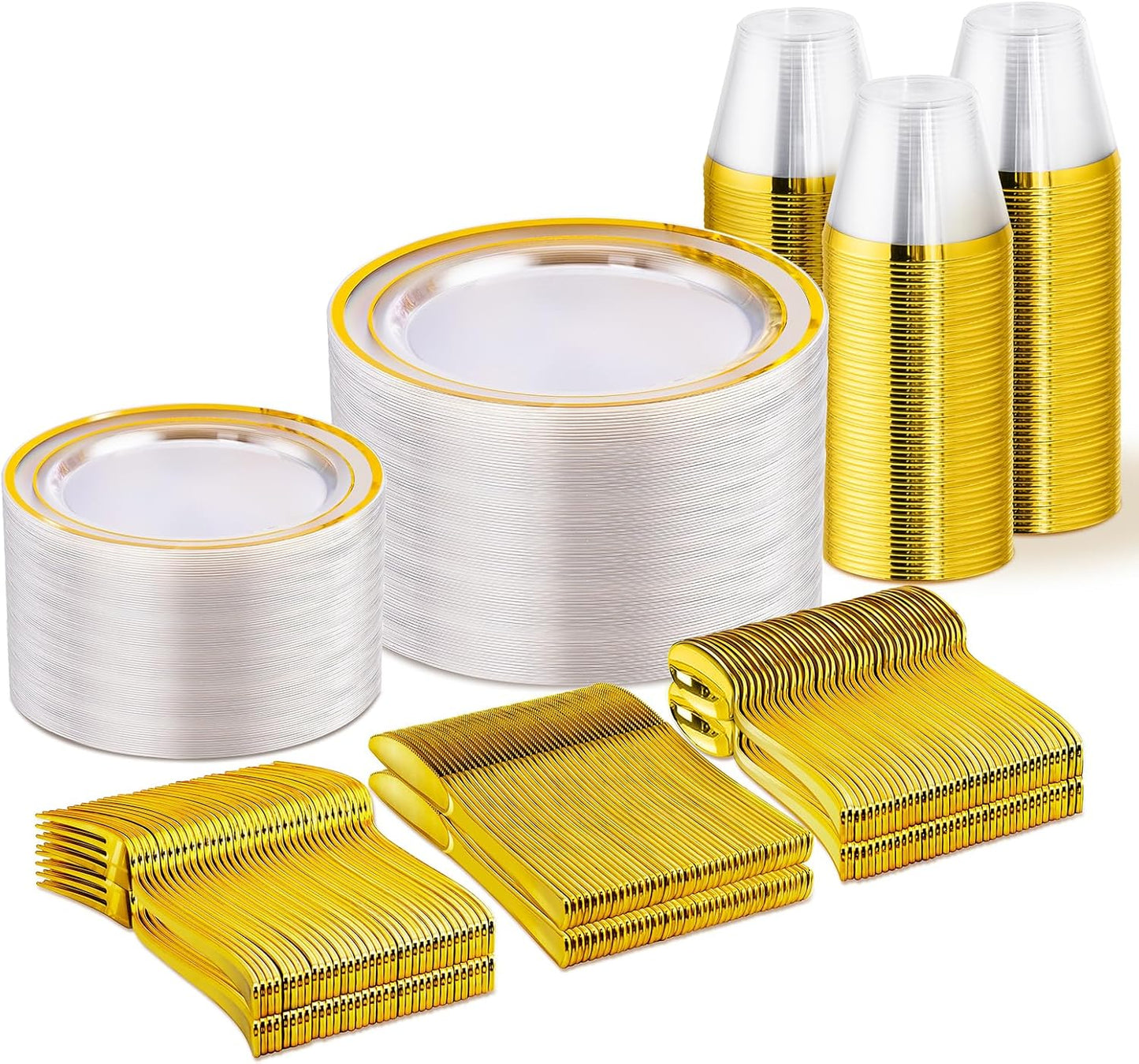 WELLIFE 450 PCS Clear Gold Disposable Dinnerware Set for Events