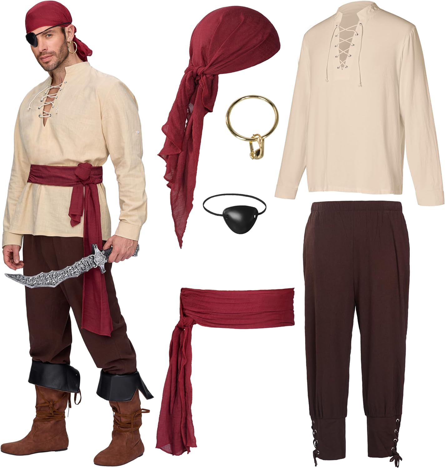 Men Pirate Costume for Halloween, Renaissance Medieval Style