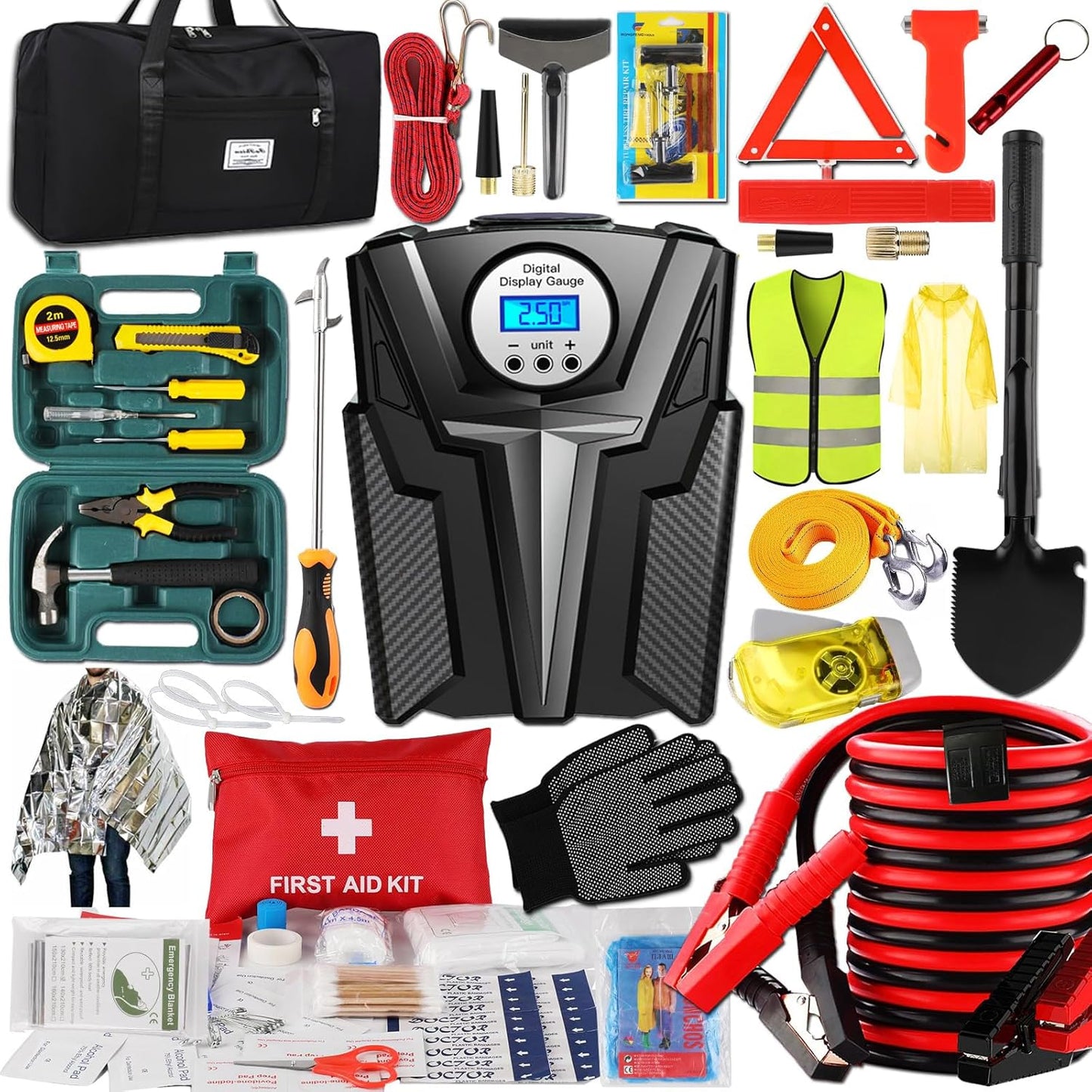 Car Emergency Kit with Jumper Cables and Air Compressor Essentials