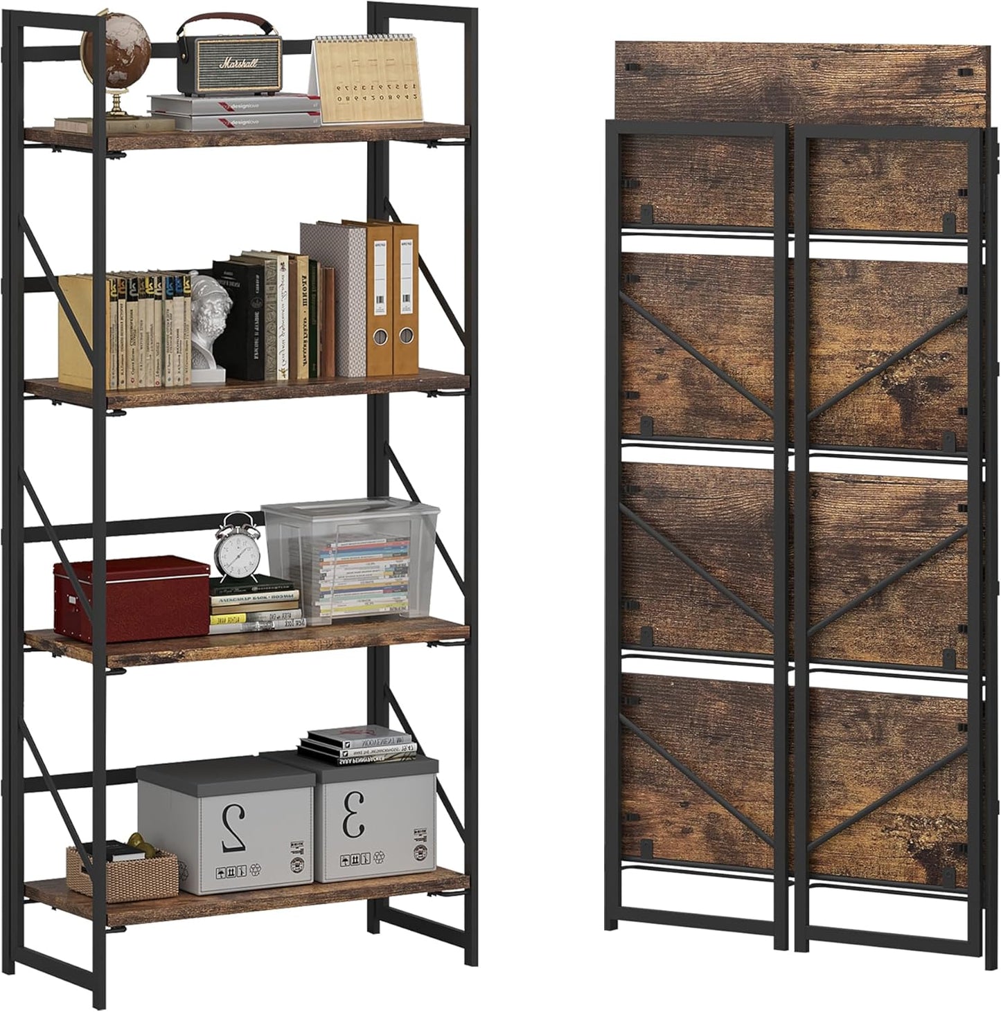 JSB No Assembly Folding Bookshelf: Vintage 4 Tier Storage Solution