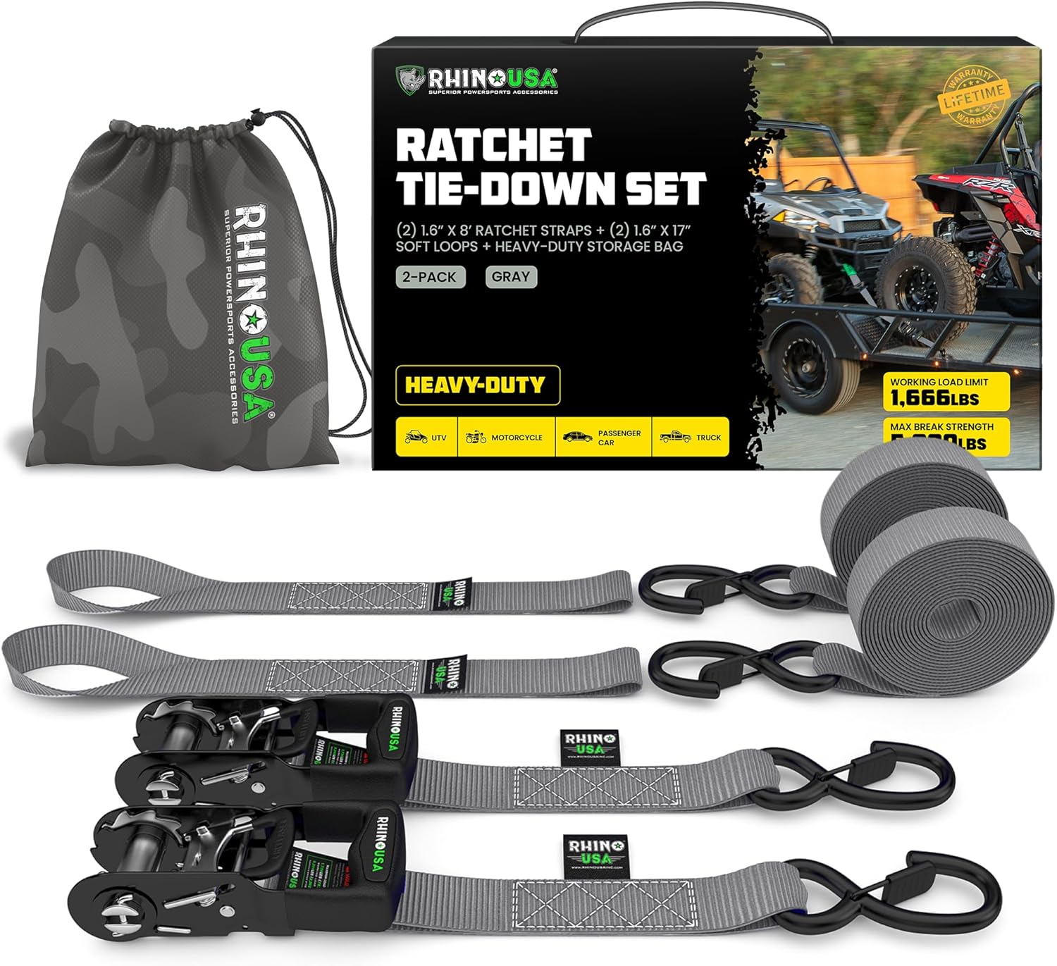 Rhino USA Heavy Duty Ratchet Straps Kit for Secure Tie Downs