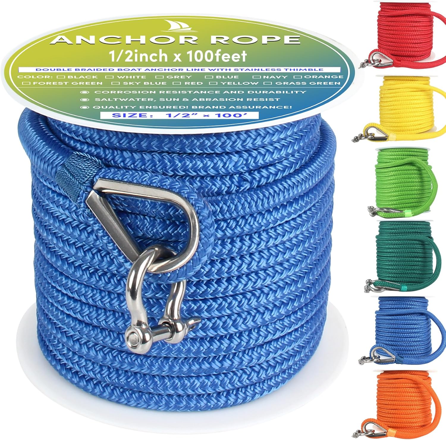 Boat Anchor Rope 100 ft x 1/2 inch for Boats Up to 35ft