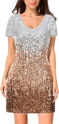 Women's Sequin Glitter Short Sleeve V Neck Mini Dress - Party Sparkle