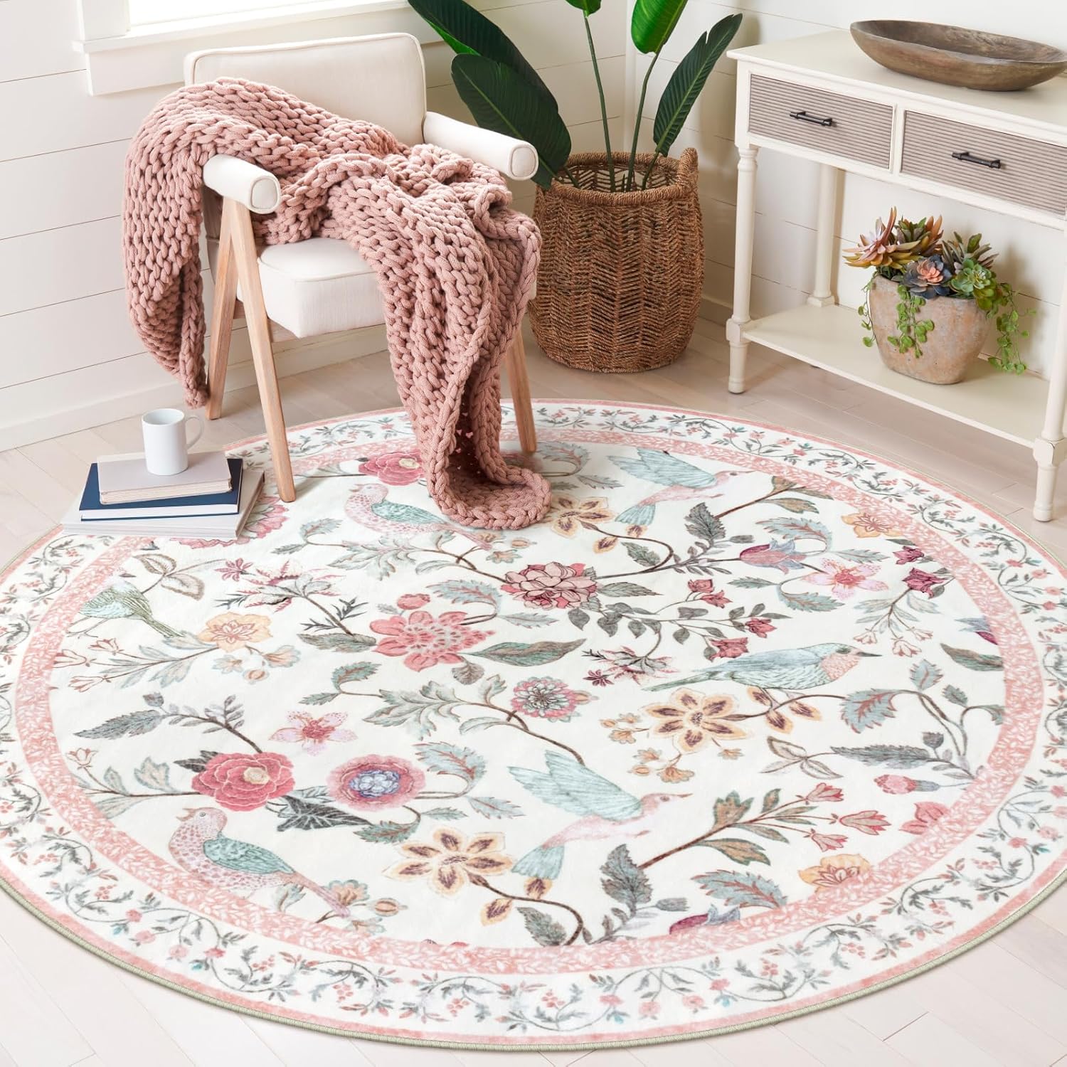 Pink Floral Round Rugs 4ft for Girls Bedroom and Living Room