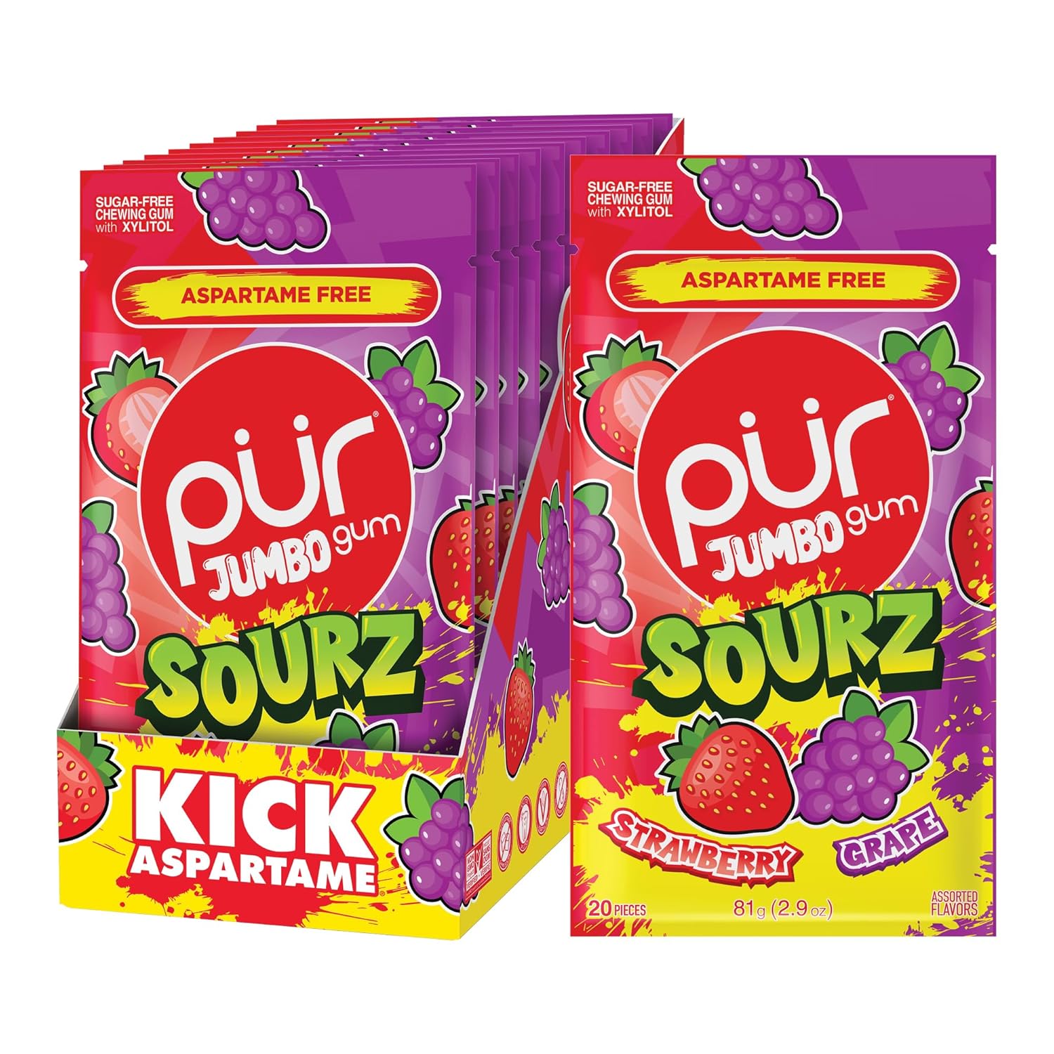 PUR Jumbo SOURZ Gum: Insanely Sour Strawberry & Grape