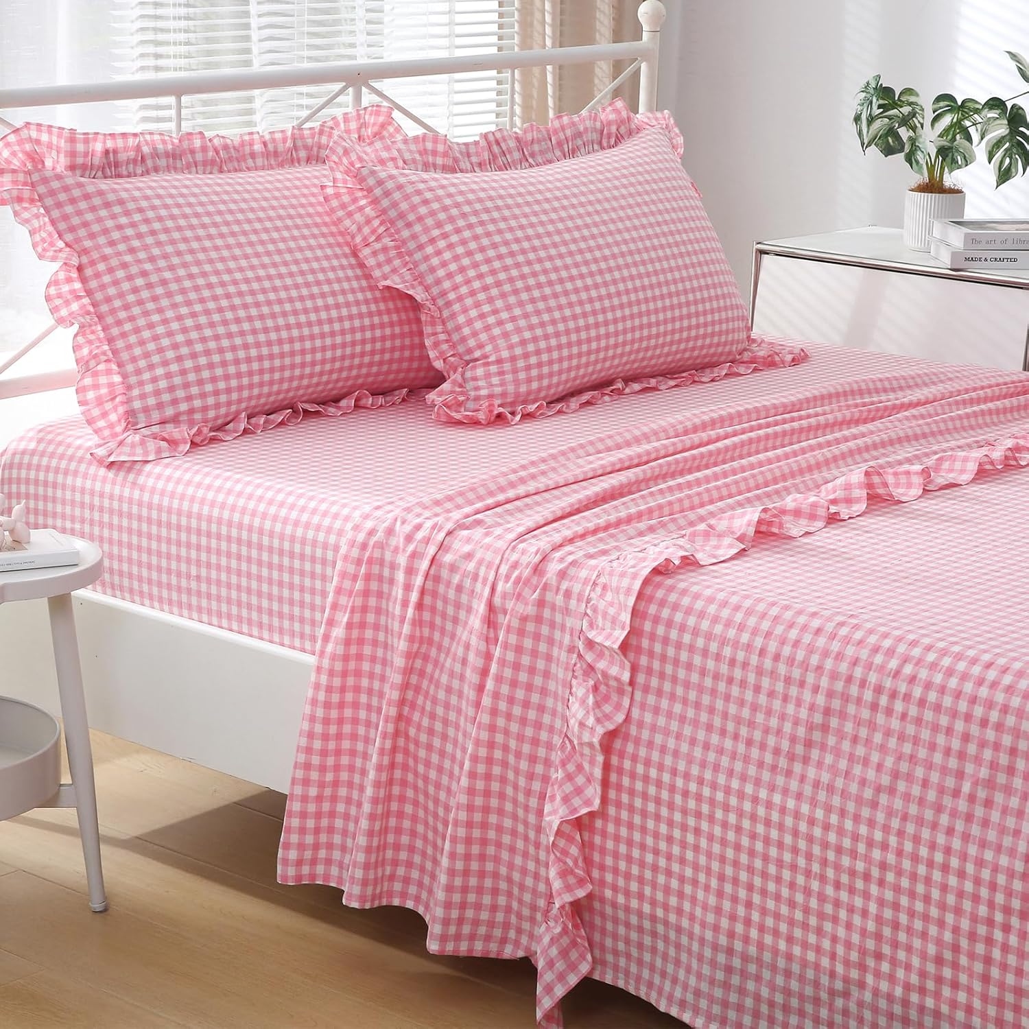 Coral Pink White Plaid Ruffle Gingham Sheets Queen Size Set