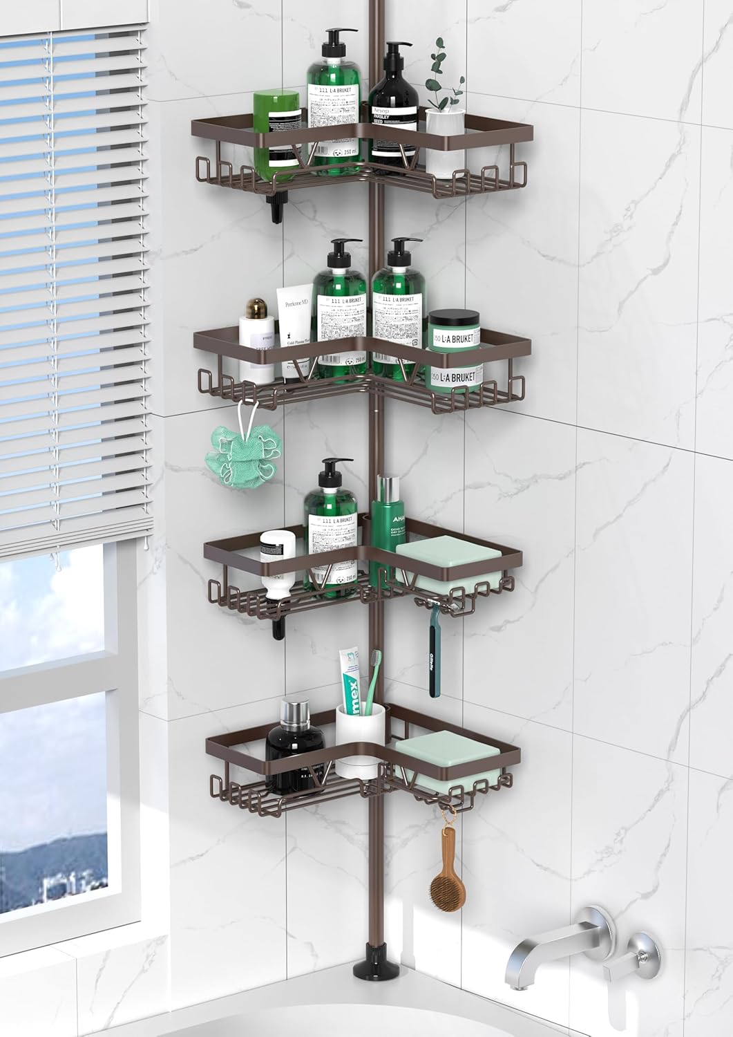 Corner Shower Caddy Tension Pole - Adjustable 4-Tier Organizer