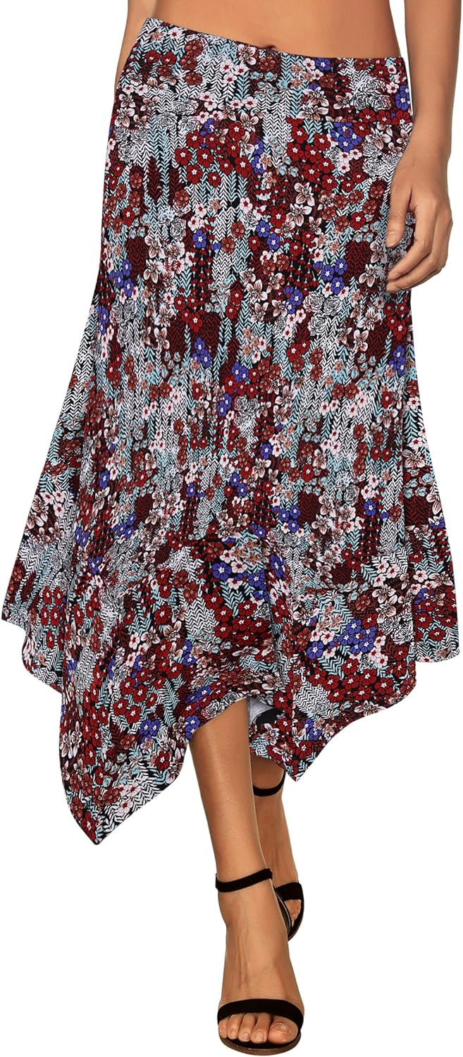 DJT Women's Casual Midi Skirt with Stretchy Waistband and Flare