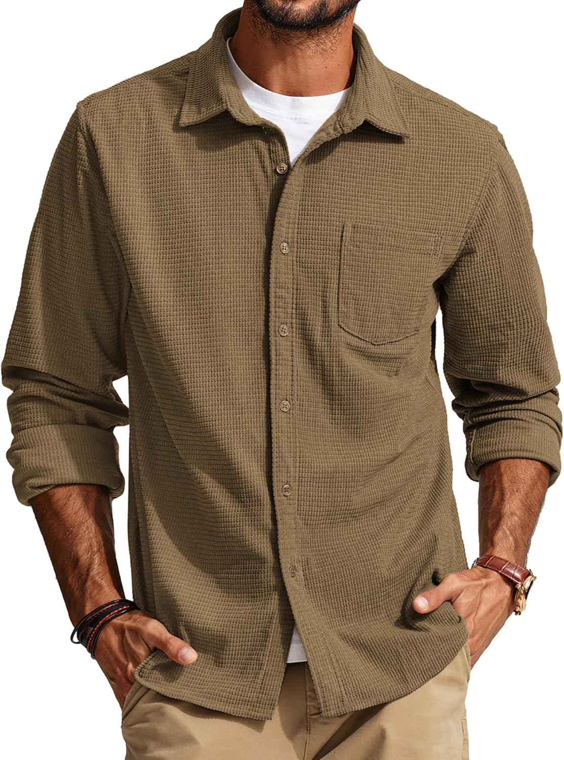 PJ PAUL JONES Men's Long Sleeve Waffle Button Down Shirt Review