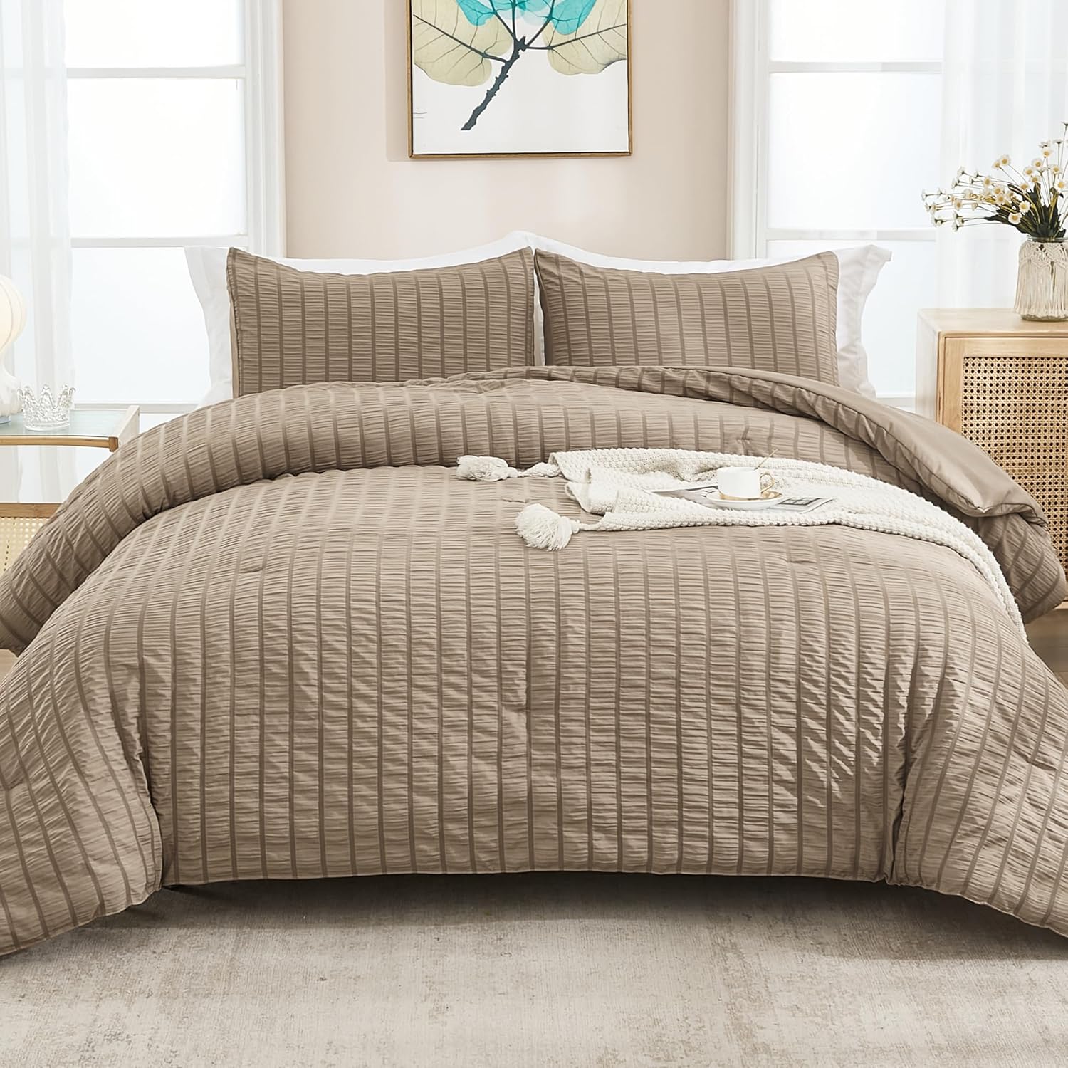 AveLom Taupe Seersucker Twin Comforter Set for Cozy Bedding