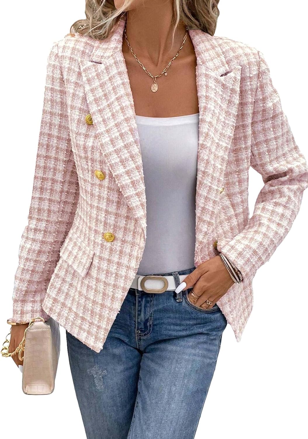 Mina Self Women's Tweed Plaid Blazer Jacket for Fall Fashion