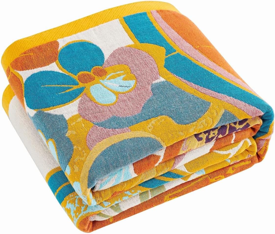 Boho Throw Blanket for Summer, 100% Cotton Farmhouse Quilt