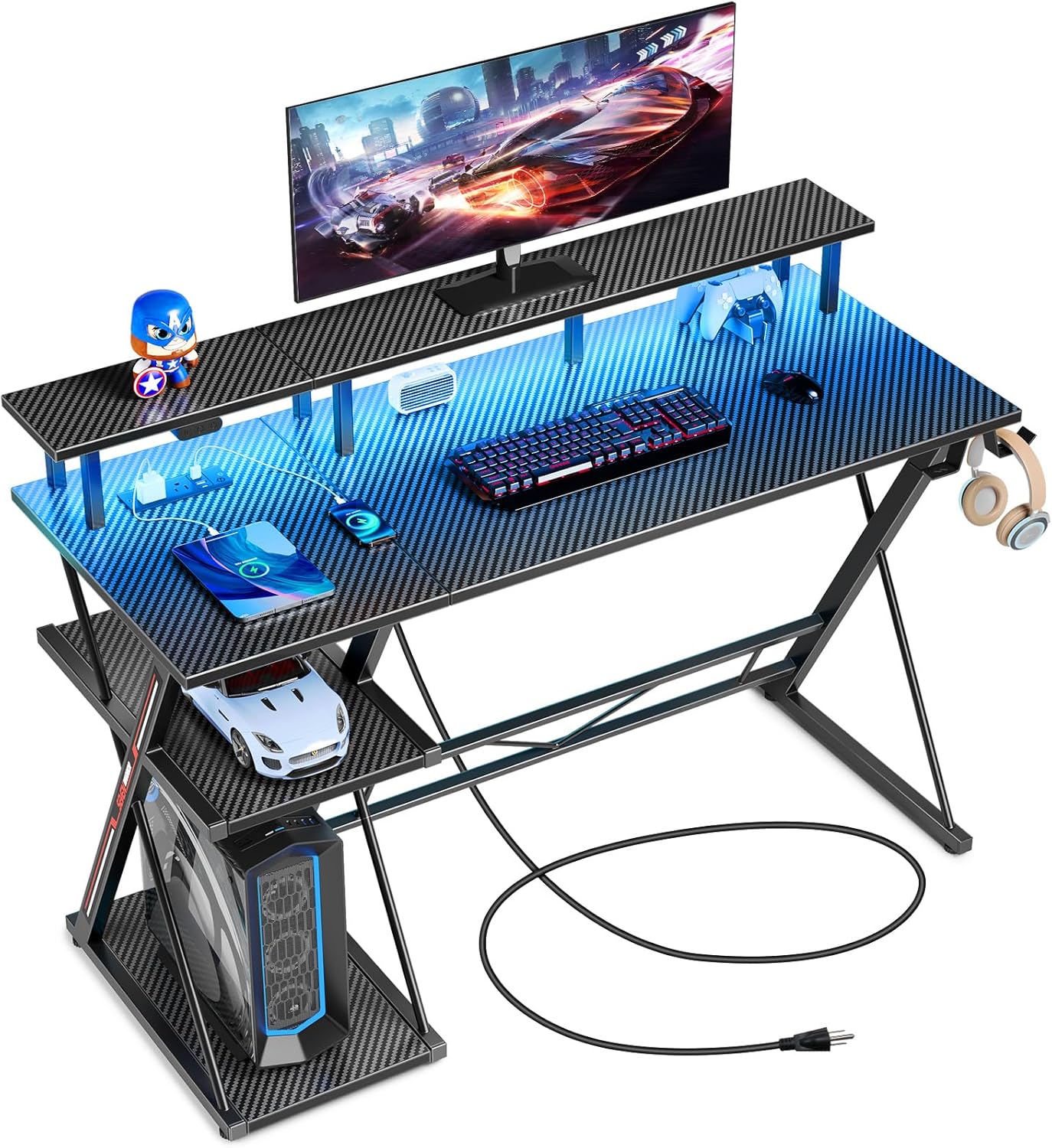 Ultimate Gaming Desk with LED Lights & Power Outlets