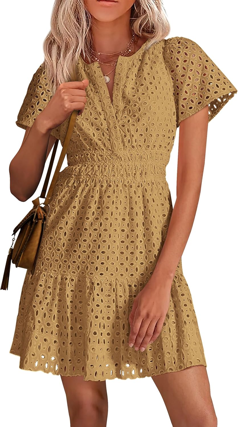 PRETTYGARDEN Womens Summer Short Dress V Neck A Line Ruffle