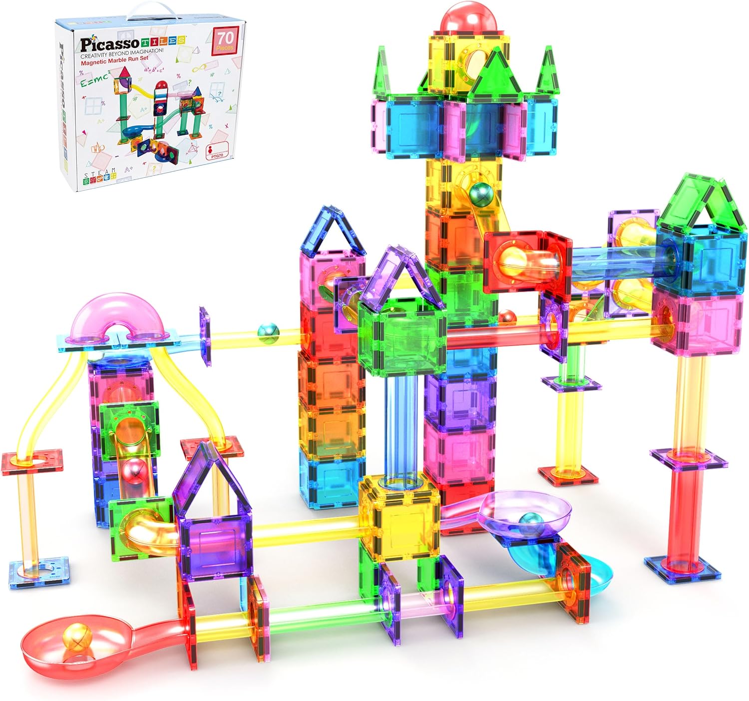 PicassoTiles 70pc Marble Run Magnetic Tiles Set for Kids Fun