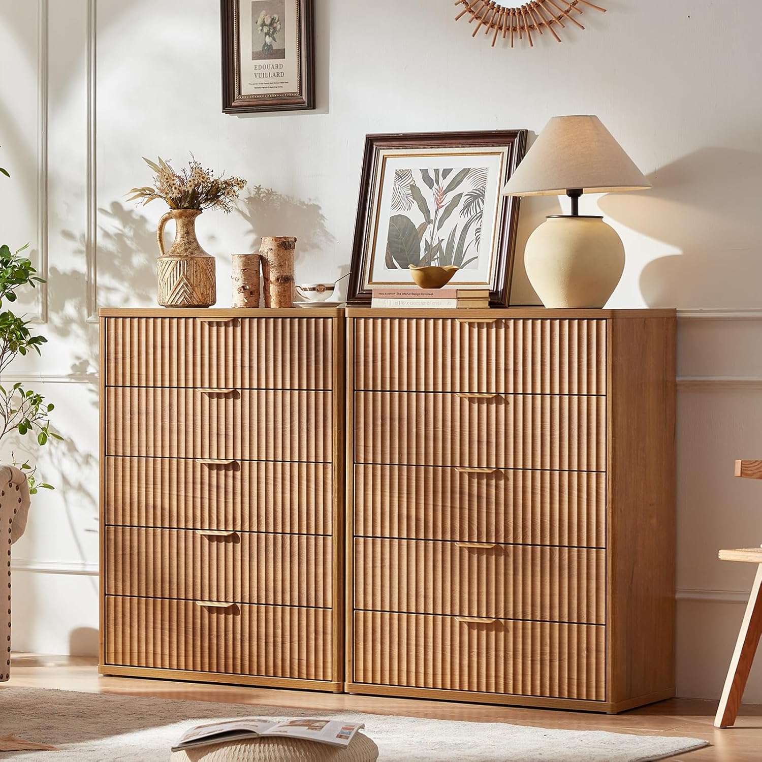 Fluted 5 Drawers Dresser Set of 2 for Modern Storage Needs