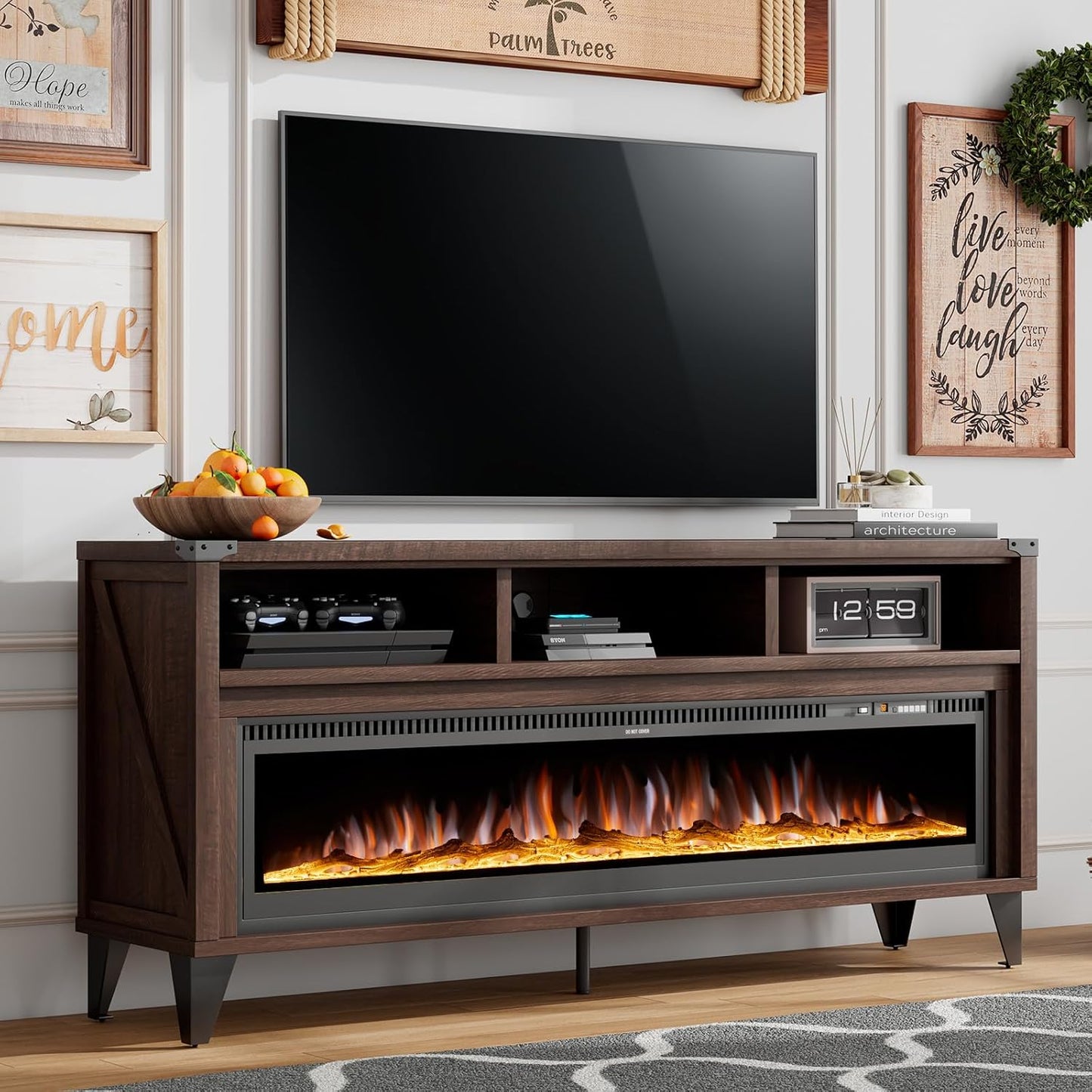 Industrial Fireplace TV Stand, 60 Electric Fireplace, Open Shelves, Espresso