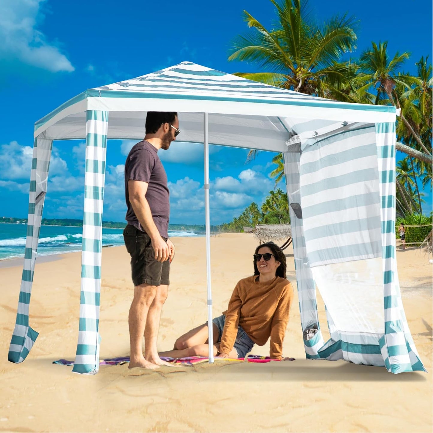 CROWN SHADES Pop Up Beach Cabana with Side Wall, Cyan Blue