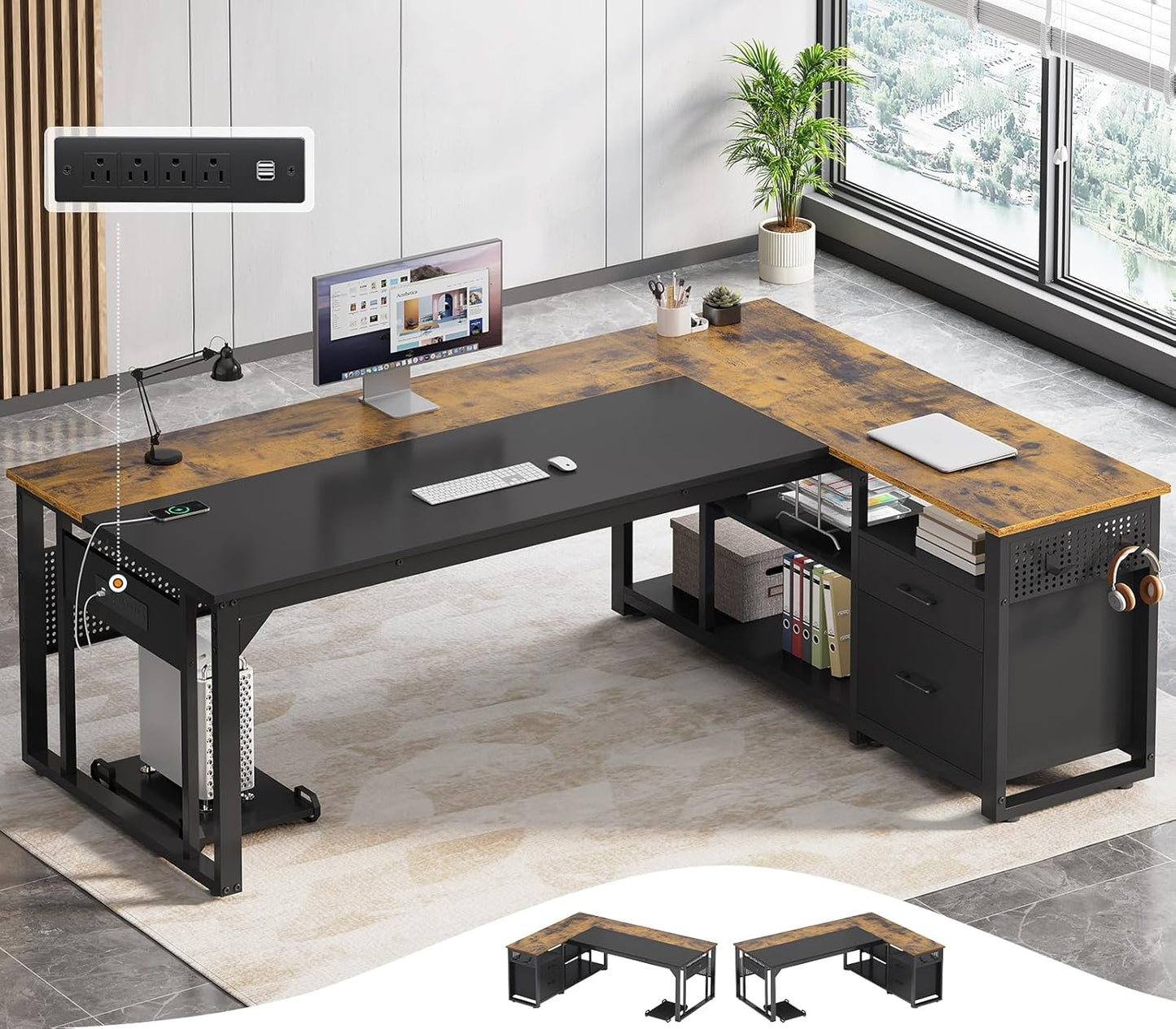 Modern Executive Desk with Power Outlets & Storage