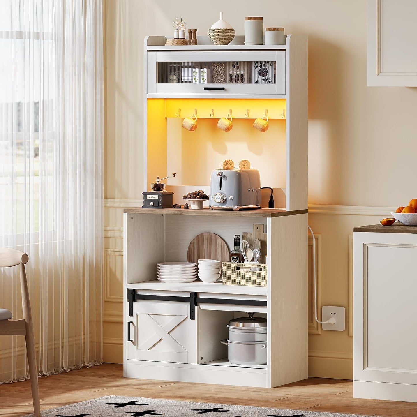 YITAHOME 5-Tier Bakers Rack with Power Outlet & Storage - LED Lights, Hooks, White
