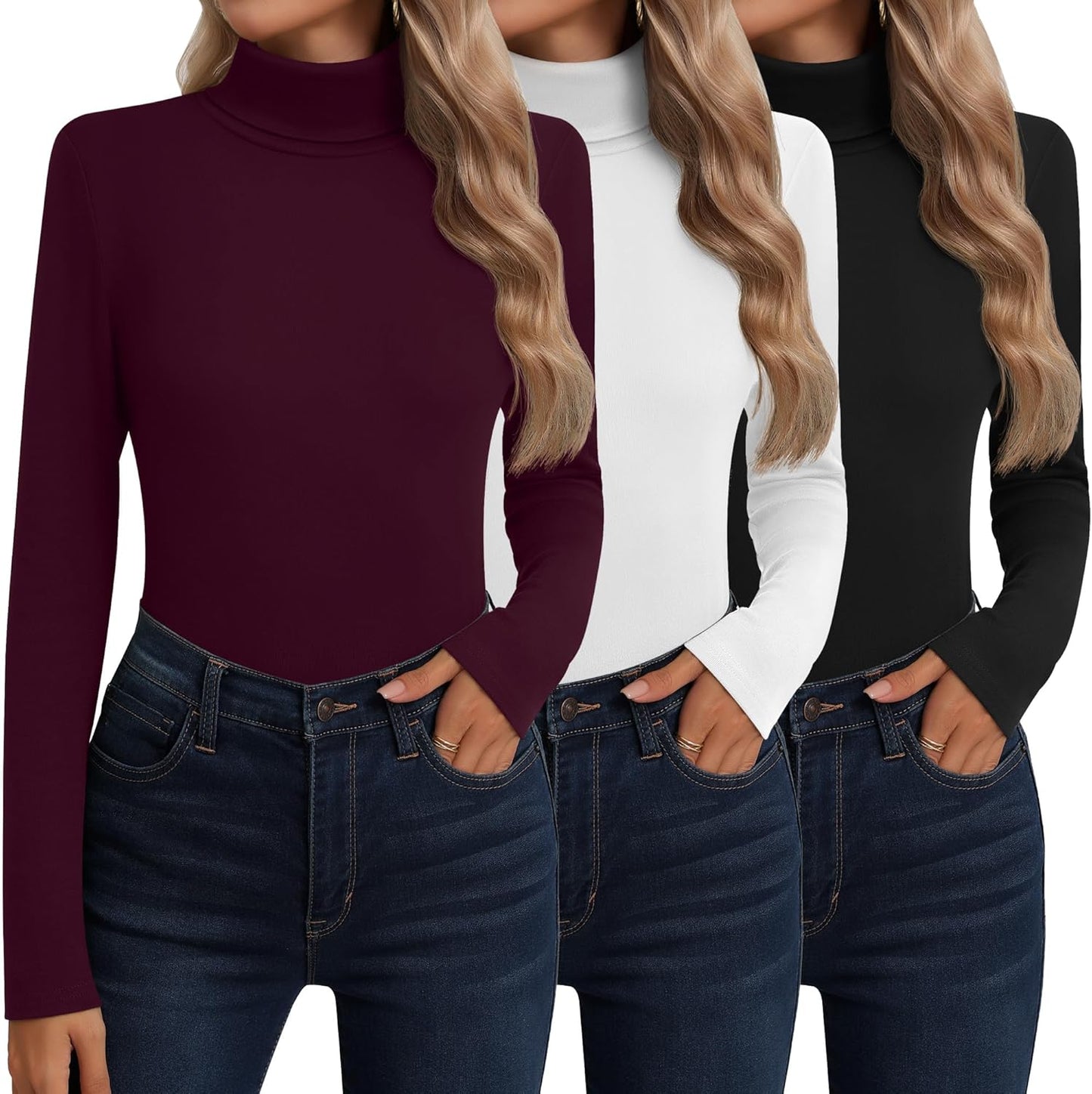 Neer 3 Pack Cotton Women's Turtleneck Long Sleeve Tops