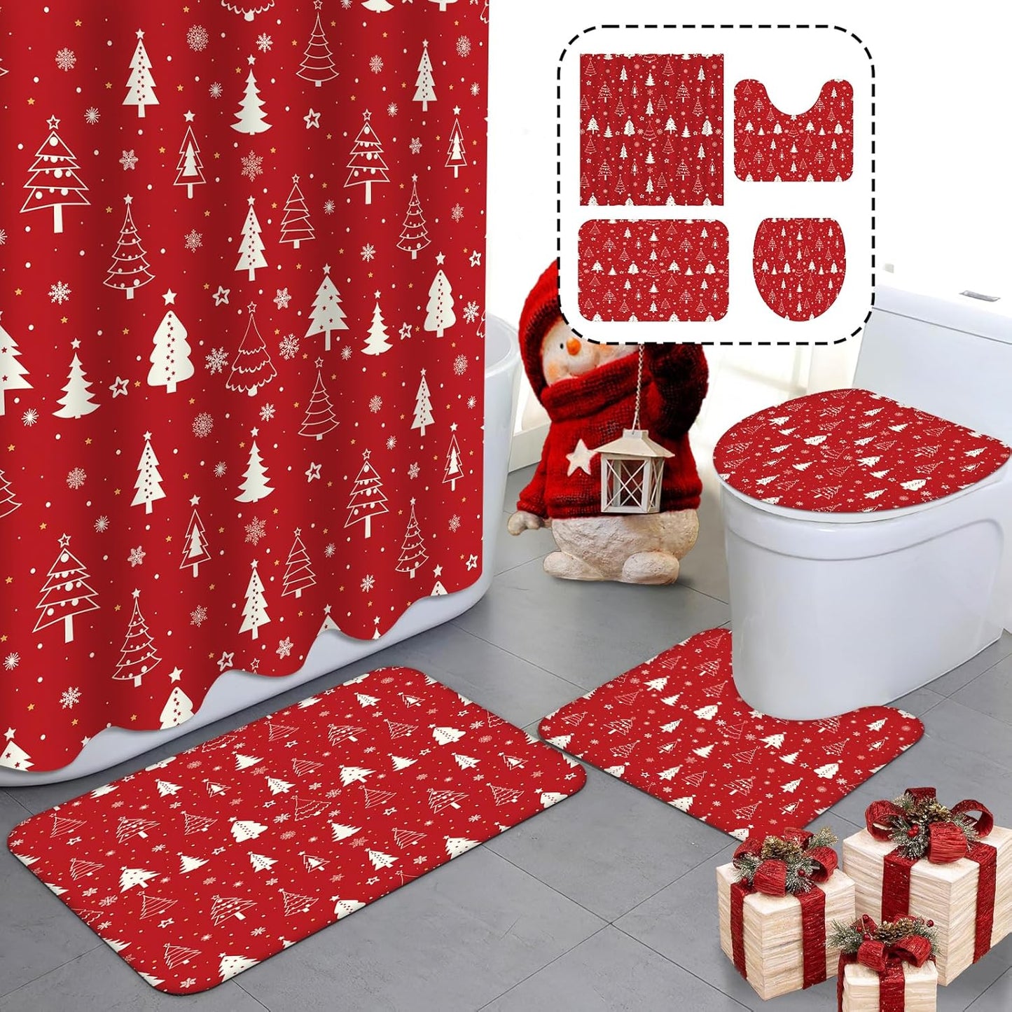 Christmas Shower Set: 4pcs Non-Slip Rugs & Decor 