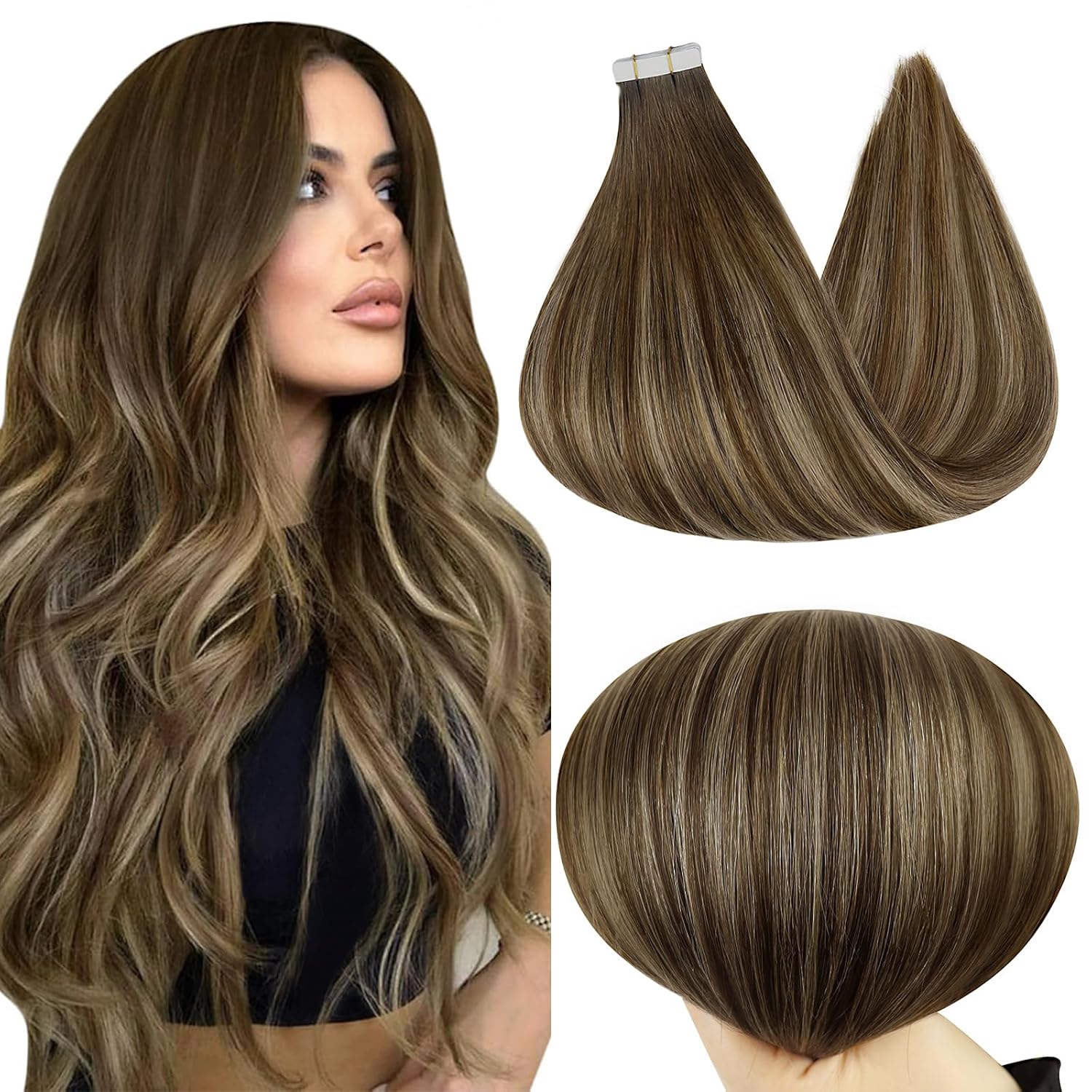 Full Shine Tape In Hair Extensions 24Inch Real Hair 4 Brown to Blonde