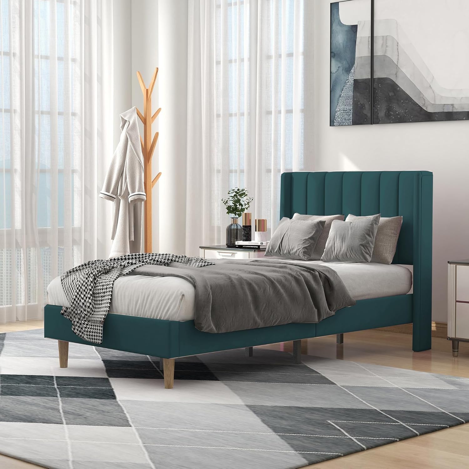 Stylish Upholstered Twin Size Bed Frame with Wingback Design