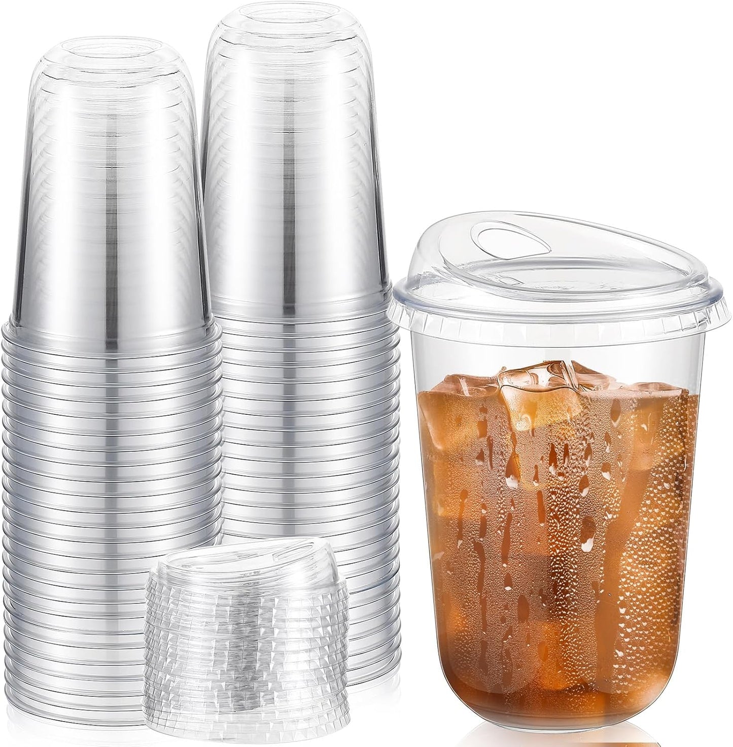 50 Sets Clear Plastic Coffee Cups with Sip Lids for Drinks