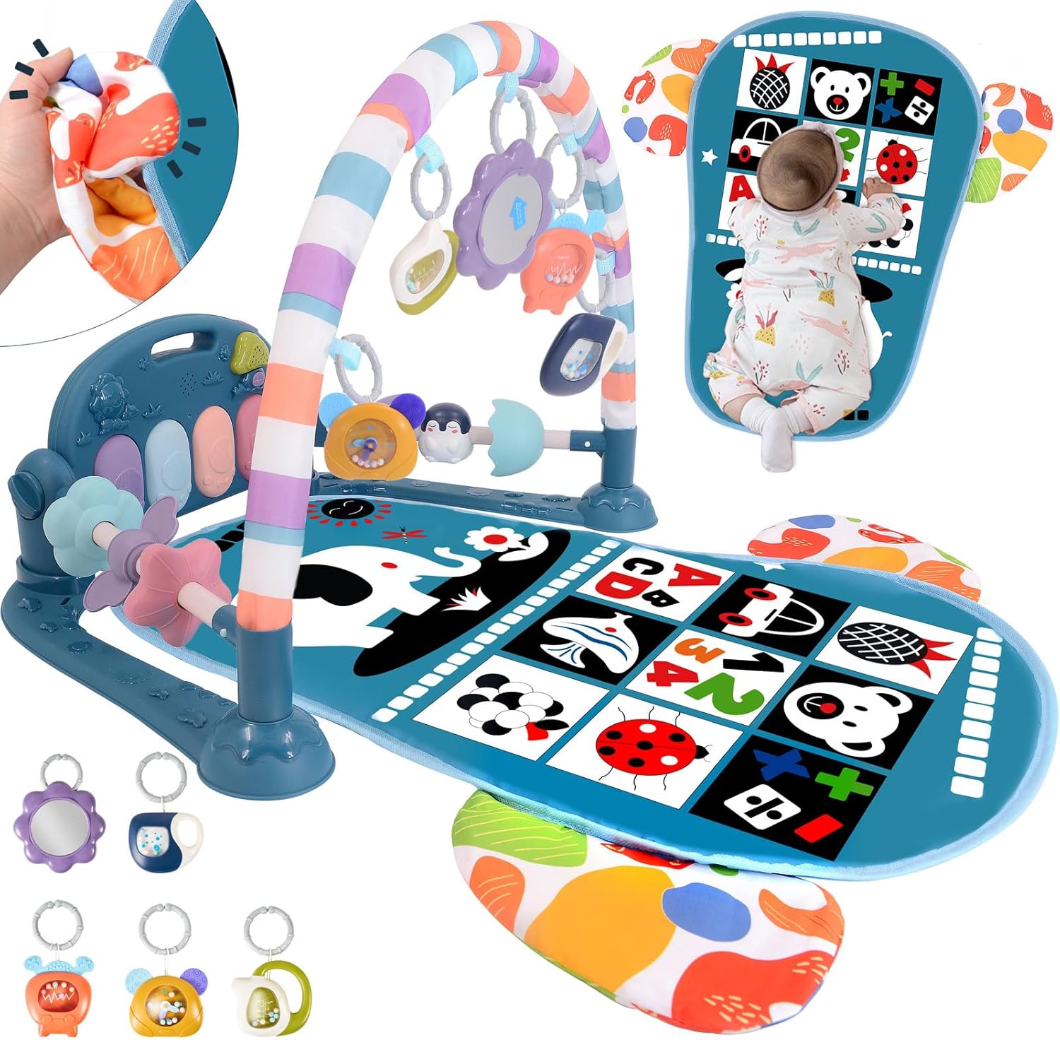 Musical Baby Play Gym with Lights, Tummy Time Mat | Newborn Gift - Blue