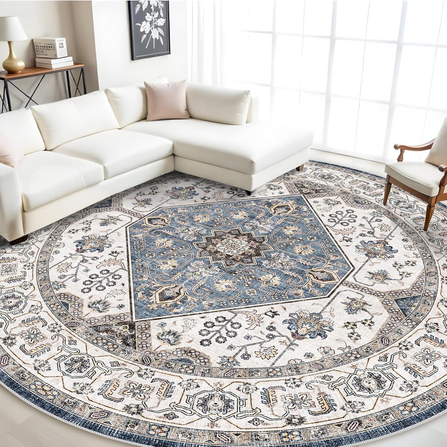 RUUGME Washable 9ft Round Rug - Large Boho Area Rug for Home